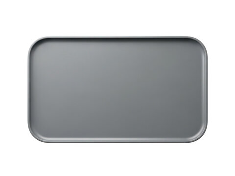 Minimalist gray serving tray on white background, modern plastic cafeteria tray for food service, rectangular dark grey kitchen platter mockup for restaurant menu presentation