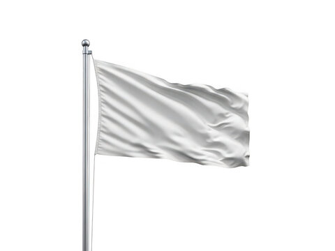 Blank white flag mockup waving on silver flagpole, realistic fabric texture with ripples and shadows, clean white banner template for branding and advertising design isolated on white
