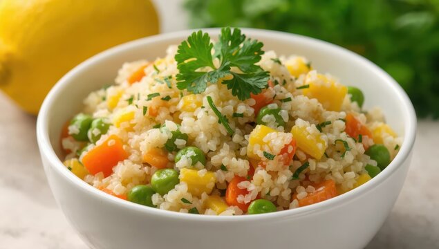 Bowl of white quinoa with vibrant veggies (peas, corn, beans, carrots) and parsley, lemon behind (Focused center).