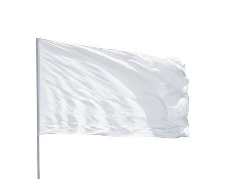 Blank white flag waving on pole, clean fabric banner mockup isolated on white background, realistic textile flag with soft shadows and ripples, surrender or peace symbol for design