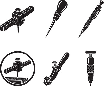 Inspection and Marking Tools Black Silhouette Vector Icon Set Marking Gauge Scratch Awl Scriber and Center Finder