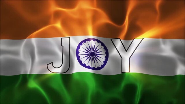 A Unique Cinematic text Joy on black background with Indian flag vibes orange, white, green using celebrations events