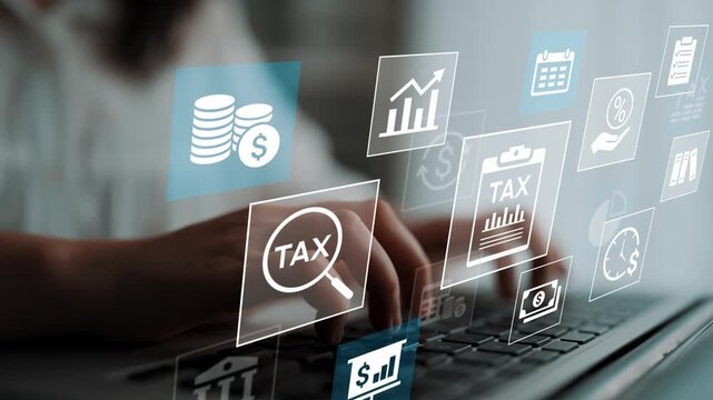 Modern Financial Analysis and Tax Planning Concept with Digital Interface Illustrating Data, Charts, and Transactional Symbols on Laptop Screen. Entropy.