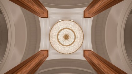 Obraz premium Perspective from below to above. Suspended crystal chandelier at the center of the roof, perfectly aligned with a pillar and the ceiling.