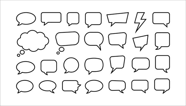 Diverse collection of black outline speech bubbles and thought balloons for communication design