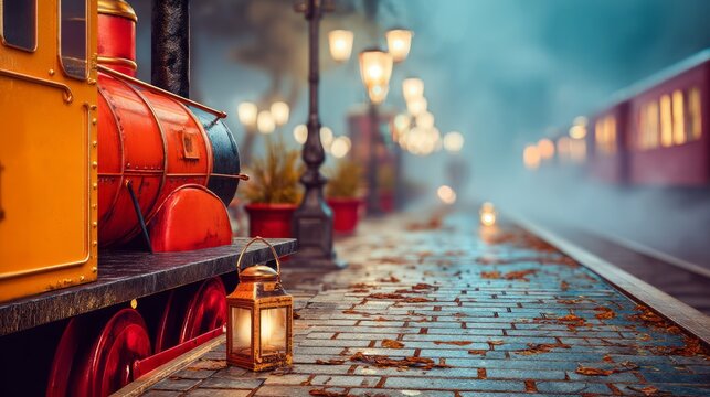 Vintage red steam engine train with glowing lantern on old brick platform