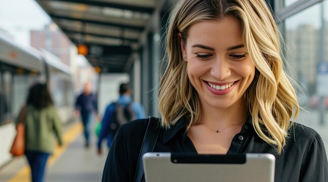 Happy woman holds digital tablet at city tram stop. Blonde female commuter checks bus route on mobile device waiting for public transport outdoors. Young pro searches online map information for