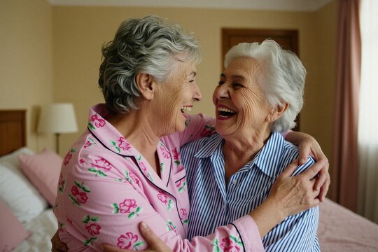 Two happy senior women friends laugh, embrace in comfortable bedroom. Elderly female roommates enjoy reunion bonding session together indoors. Aged ladies smile share fun moments of joy during visit