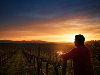 Fototapeta premium Man standing in a vineyard looking at the sunset