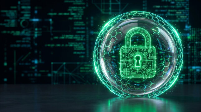Cybersecurity concept featuring a glowing green digital padlock icon inside a protective hexagonal shield sphere against a dark background with blurred computer code and data visualization.