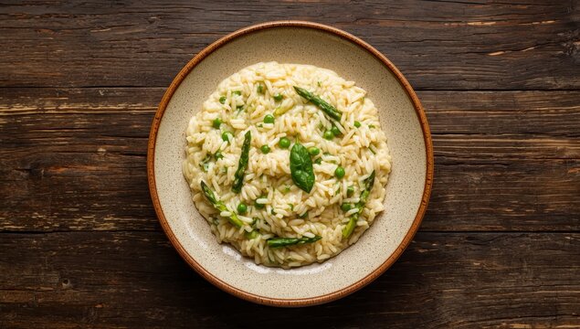 Vegetable risotto on a dish. Rice. Against a vintage backdrop. Aerial perspective. Blank area for your text.
