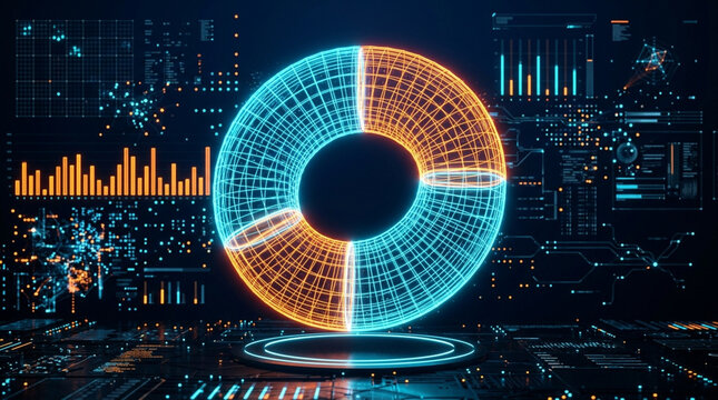 Futuristic 3D digital interface featuring a glowing blue and orange wireframe torus surrounded by data visualization charts, bar graphs, and technical HUD elements on a dark background.