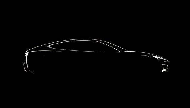 Sleek, modern car shape on dark backdrop. White outline of electric vehicle profile. Ideal for tech, EV, and automotive innovation concepts.
