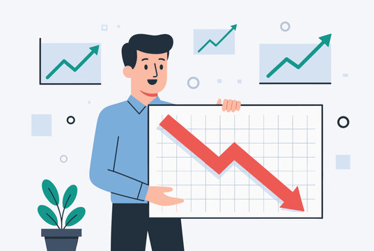 Happy businessman showing whiteboard with downward red arrow contrasting with growing charts in background representing business irony.