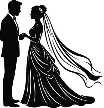Elegant bride and groom silhouette vector illustration standing face to face holding hands with long flowing veil isolated on white background romantic wedding design.