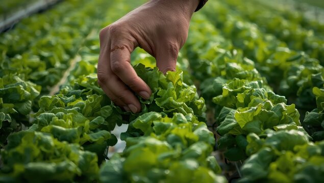 A hydroponics farmer picks cos lettuce from an indoor garden, using nutrient-rich water instead of soil.