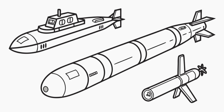 Black and white line of naval torpedo and submarine line naval torpedo military navy