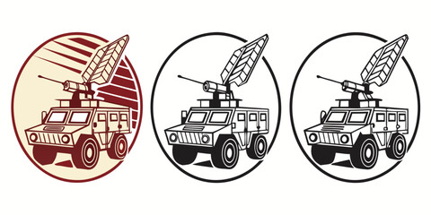 Military radar defense vehicles, side view, green camouflage military vehicles military trucks © Abu