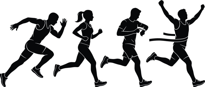 Running athletes silhouette vector set with sprinter start female jogger marathon runner checking smartwatch and winner crossing finish line ribbon.