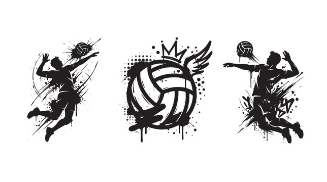 Set of three volleyball themed with silhouettes of players and a ball with crown and wings in a black graffiti ink splatter style on white