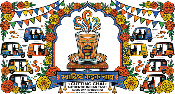 Traditional Indian cutting chai vector illustration with hot tea glass auto rickshaws marigold flower garlands and decorative bunting flags truck art design background.