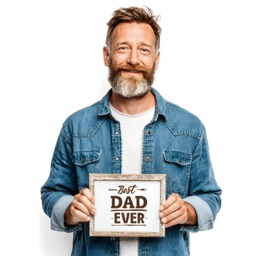 Happy Bearded Father Holding Best Dad Ever Sign Isolated Studio Portrait Celebrating Fatherhood Love Pride and Family