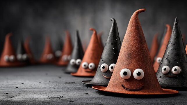 Cute Smiling Halloween Witch Hat with Googly Eyes on Dark Background