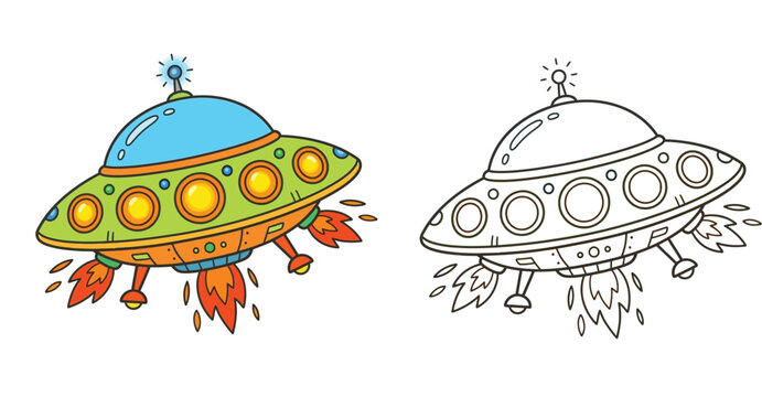 UFO spaceship cartoon coloring page for kids and coloring book vector illustration isolated on white background with a colored reference example.