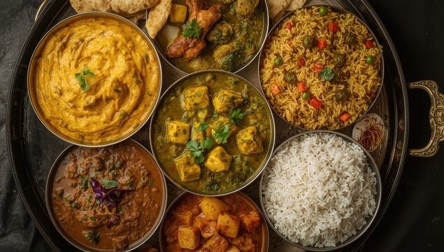 Indian cuisine featuring butter chicken, palak paneer, chicken tikka, biryani, vegetable curry, papad, dal, palak sabji, jira alu, and saffron rice on a dark backdrop.