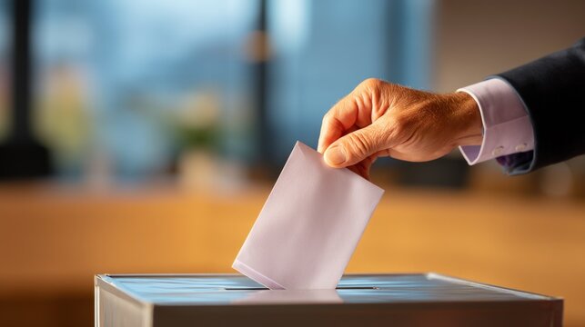 Man casting ballot vote in box hand inserting paper election concept