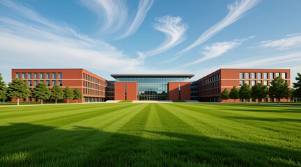 Obraz premium Modern university campus building with brick facade, glass exterior view. Large green lawn sits in front of prestigious college structure during sunny day. Symmetric academy architecture design