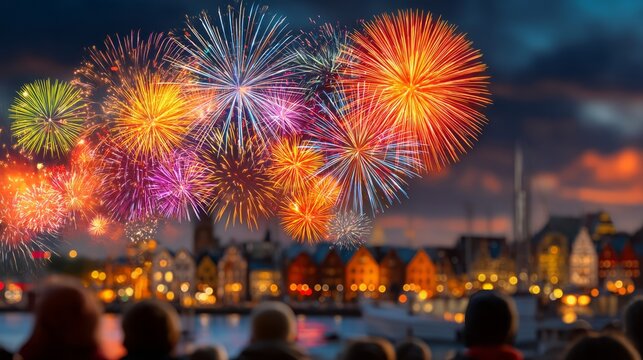 Vibrant colorful fireworks exploding over cityscape during festive night celebration