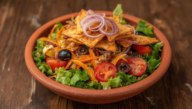 A lively Fattoush salad in a rustic bowl, with crunchy pita, fresh greens, tomatoes, carrots, olives, radish, and an onion garnish.