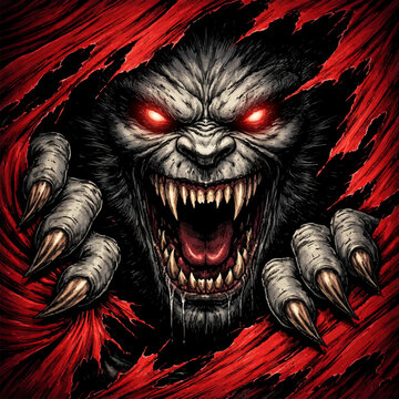 Fierce Monster with Glowing Red Eyes Rips Through Red Fabric