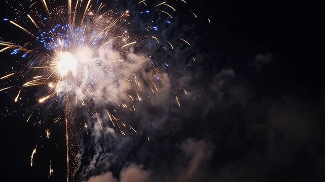 Panoramic night sky illuminated by dazzling blue and gold fireworks, shimmering bursts, festive celebration atmosphere, New Year countdown, 4K video