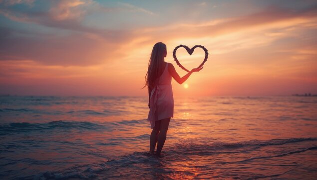 A woman grips a black heart shape against a sunrise and sunset over the ocean, symbolizing love and romance.