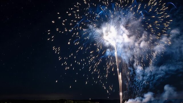 Panoramic night sky illuminated by dazzling blue and gold fireworks, shimmering bursts, festive celebration atmosphere, New Year countdown, 4K video