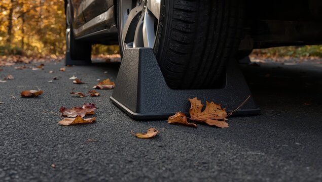 A rubber wheel chock is positioned behind a car tire on an asphalt driveway with fallen leaves nearby.