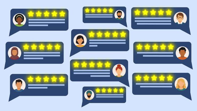 Animated User Reviews Speech Bubbles With 5 Rating Stars And Diverse Avatars - Commercial Customer Feedback Testimonial And Business Success Concept, in 4K