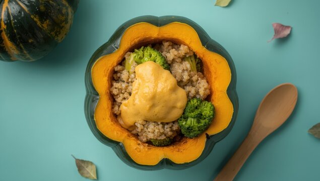 Quinoa and broccoli-filled baked kabocha squash with chickpea pumpkin hummus mayo. Simple healthy vegan dinner idea on a turquoise backdrop. Overhead view.