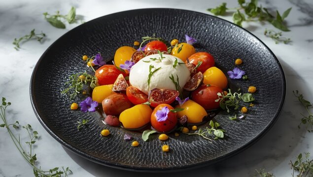 An elegantly arranged burrata salad with bright cherry tomatoes, delicate flowers, and dried figs, served on a textured black dish with a marble backdrop.