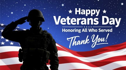 Naklejka premium This image honors veterans with a silhouette of a soldier saluting in front of the American flag and a starry sky, AI generated