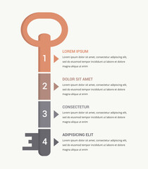 Fototapeta na wymiar Creative vertical infographic template shaped as a key split into four segments with arrows , symbolizing the key to success, progressive steps and achievements