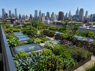 Fototapeta premium Aerial view of urban floating farm with lush greenery. Sustainable city agriculture on water in modern metropolis skyline.