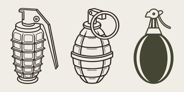 Black and white line of military explosive devices, bombs line military ordnance