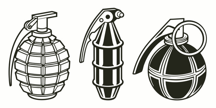 Black and white of military explosive devices and detonators bomb artillery shell