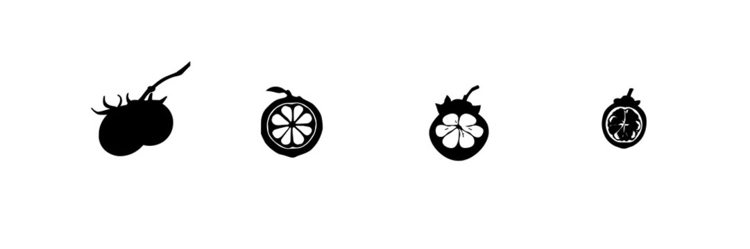 Mangosteen cross-section set with solid black silhouette on white background featuring laboratory-grown, exotic, future food with vector illustration and design