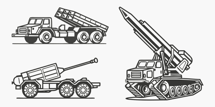 Military rocket launchers on green camouflage-patterned trucks, side and front views