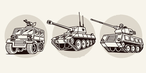 Black and white of military attack vehicles, side views military vehicle tank armored vehicle © Abu