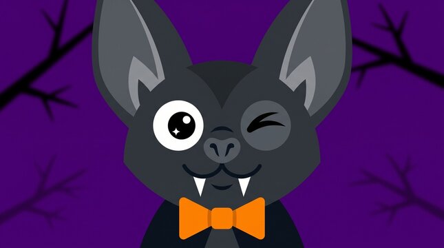 Winking Bat Face Flat Vector | Cute Halloween Character Icon on Purple Background